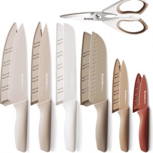 Astercook 7-Piece Kitchen Knife Set, Stainless Steel Chef Knives with Anti-Rust Coating and Blade Guards (7 Pieces) pe8w8
